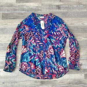 Boutique NWT colorful blue floral print lightweight long sleeve blouse 1X D45